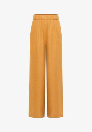 Wide-leg, high-waist mustard yellow pants with an elastic waistband and a smooth fabric finish.