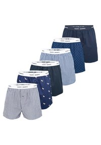 Sei paia di boxer in vari motivi: blu con pois, a scacchi, a righe e con uccelli stampati, con elastici bianchi "HAPPY SHORTS".