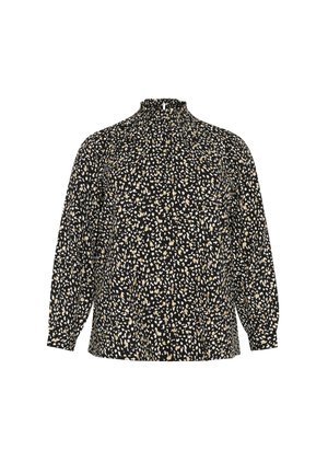 Čierna blúzka s volánkovým vyšším golierom, dlhými rukávmi a rozptýlenými bielymi a zlatými listovými vzormi. Vyrobená z ľahkej štruktúrovanej tkaniny.