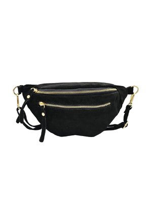 Banane en daim noir avec deux poches à fermeture éclair dorées, une sangle réglable et une texture douce. Comporte des accents en matériel doré.