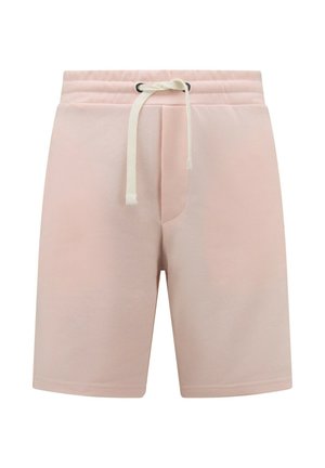 Lichtroze knielange korte broek met een elastische tailleband en een witte trekkoord, ontworpen voor vrijetijdsgebruik.