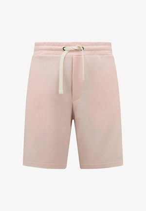 Lichtroze knielange korte broek met een elastische tailleband en een witte trekkoord, ontworpen voor vrijetijdsgebruik.