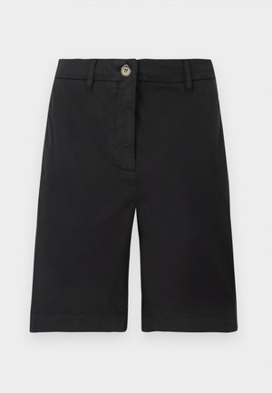 Juodi medvilniniai šortai su tiesiu pjūviu, vienu priekyje esančiu mygtuku ir kišenėmis. Lygus audinys ir tvarkingas apdailos kraštas.