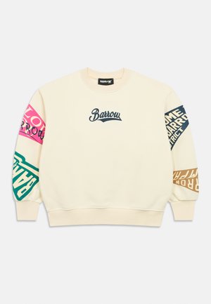 Krémová mikina s logom "Barrow" na hrudníku a multicolorovými grafickými textovými pásmi na oboch rukávoch.