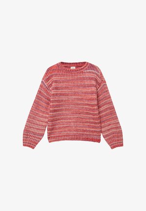 Gestrickter Pullover in Rot-, Pink- und Lavendeltönen; Rundhalsausschnitt, lange Ärmel, gerippte Bündchen und Saum, mit einem strukturierten, gestreiften Muster.