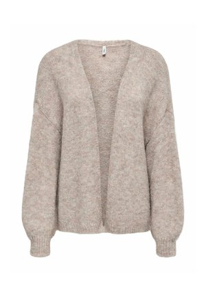 Cardigan beige doux à ouverture frontale, manches longues et poignets côtelés, fabriqué dans un tissu à texture duveteuse.