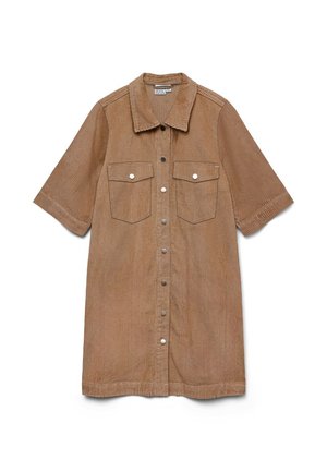 Brown corduroy shirt dress with short sleeves, all-button front closure, two chest pockets, and a pointed collar. Textured fabric.