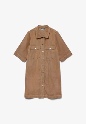 Brown corduroy shirt dress with short sleeves, all-button front closure, two chest pockets, and a pointed collar. Textured fabric.