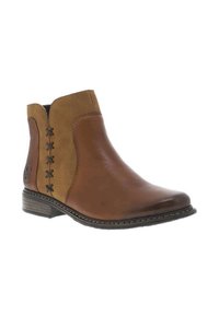Stivali alla caviglia in pelle marrone con pannelli in suede tan a contrasto, lacci decorativi laterali, tacco basso impilato e dettagli di cucitura rinforzata.