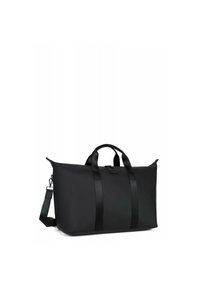 Borsone nero con una texture liscia, dotato di due robuste cinghie per il trasporto, di una cinghia a spalla regolabile e di una chiusura con zip.