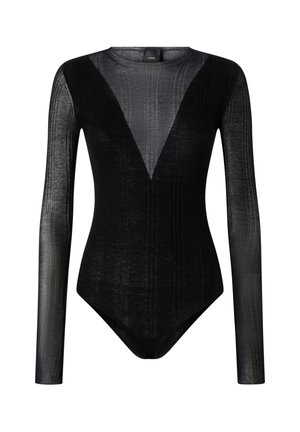 Μαύρο, μακρυμάνικο, διάφανο κορμάκι με βαθύ V σχήματος βελούδινη τσέπη στο μπροστινό μέρος και στρογγυλή λαιμόκοψη.