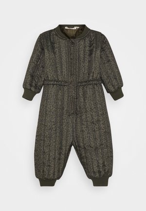 Tuta imbottita verde scuro per neonati con stampa animalier, collo, polsini e fasce alla caviglia a coste e chiusura frontale con zip.
