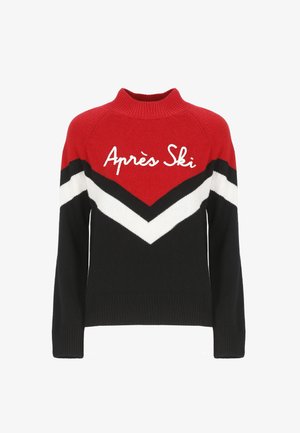 Maglione lavorato a maglia rosso, nero e bianco con collo alto e blocchi di colore a forma di V. Presenta la scritta "Après Ski" in bianco.