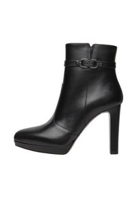 Black leather ankle boot with a pointed toe, high stiletto heel, and a decorative strap featuring a metal buckle detail. Smooth texture.