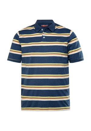 Marineblå poloskjorte med horisontale striber i gul, hvid og rød. Har en to-knaps placket og korte ærmer. Stoffet har en struktureret overflade.