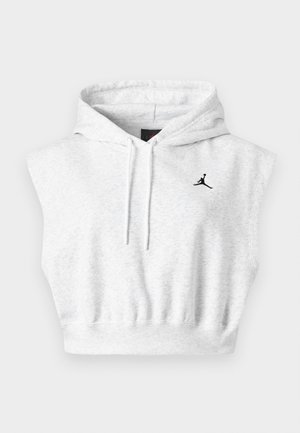 Αμάνικο ανοιχτό γκρι cropped φούτερ με κορδόνια και μικρό μαύρο λογότυπο Jumpman στο αριστερό στήθος.