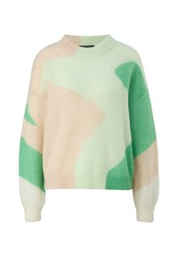 Zielony i beżowy sweter w wzory, z okrągłym dekoltem, luźnym krojem i prążkowanymi mankietami. Wykonany z miękkiego, puszystego materiału dzianinowego.