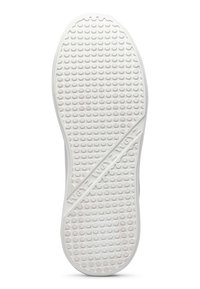 Suola di scarpa in gomma bianca con motivi circolari testurizzati e una linea diagonale. Presenta un bordo liscio e un'area del tallone arrotondata.