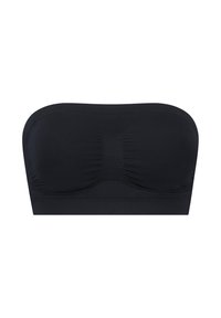 Reggiseno bandeau nero con una texture liscia, dettagli arricciati al centro e un design senza cuciture. Adatto per essere indossato senza spalline.