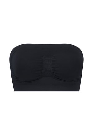 Reggiseno bandeau nero con una texture liscia, dettagli arricciati al centro e un design senza cuciture. Adatto per essere indossato senza spalline.