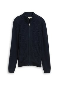 Cardigan en tricot marine avec un motif en losanges, col et poignets côtelés, fermeture éclair intégrale et texture lisse.
