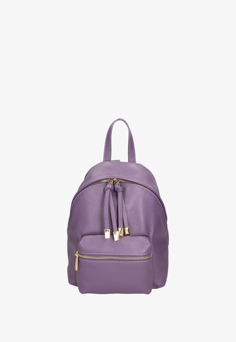 Zaino in pelle viola con forma arrotondata, tasca anteriore con zip, due manici superiori e dettagli in zip in hardware dorato.
