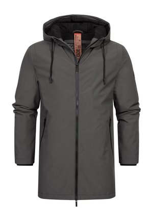 Gray waterproof jacket with a hood, front zipper, and drawstrings. Features side pockets and a smooth, textured finish.