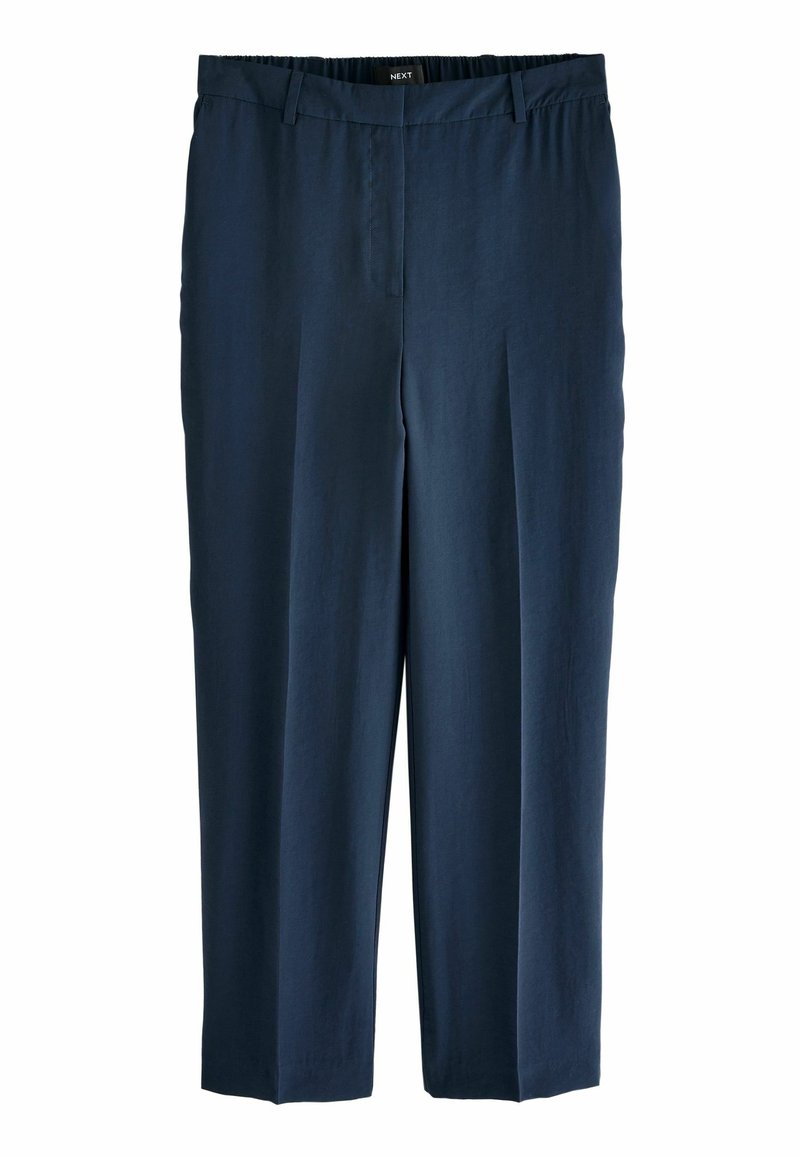 Pantalon bleu marine à jambes droites avec taille élastique et passants de ceinture, conçu pour un ajustement confortable.