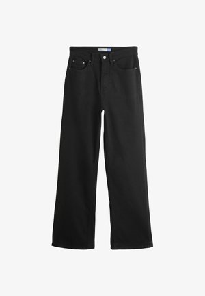 Jean denim noir à coupe large avec fermeture à boutons sur le devant et design à cinq poches, présenté à plat sur un fond blanc.