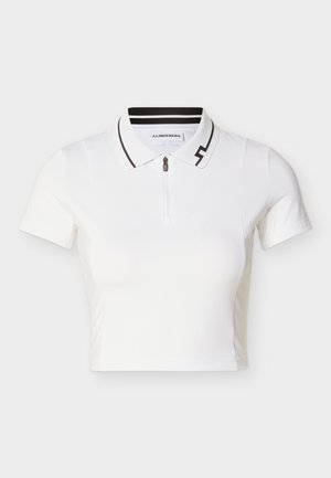 Bílá polokošile s krátkými rukávy a zipovým límcem, s černými pruhovanými akcenty a logem na límci. Vyrobená z hladké látky.