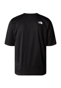 Black short-sleeve t-shirt made from textured fabric, featuring a small white logo on the upper back. Simple and streamlined design.