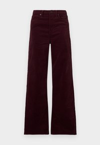 Pantaloni cu croială largă din catifea cu dungi vișiniu, cu talie înaltă, prevăzuți cu fermoar, închidere cu nasture și buzunare laterale. Textură netedă cu dungi verticale.