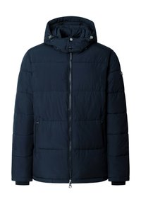Chaqueta de invierno acolchada azul marino con cremallera frontal, dos bolsillos con cremallera, capucha ajustable con botones de presión y puños acanalados.