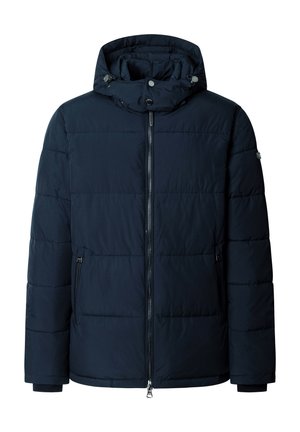 Chaqueta de invierno acolchada azul marino con cremallera frontal, dos bolsillos con cremallera, capucha ajustable con botones de presión y puños acanalados.