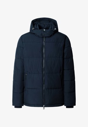 Donkerblauw gewatteerd winterjack met ritssluiting aan de voorkant, twee zakken met rits, verstelbare capuchon met drukknopen en geribbelde manchetten.