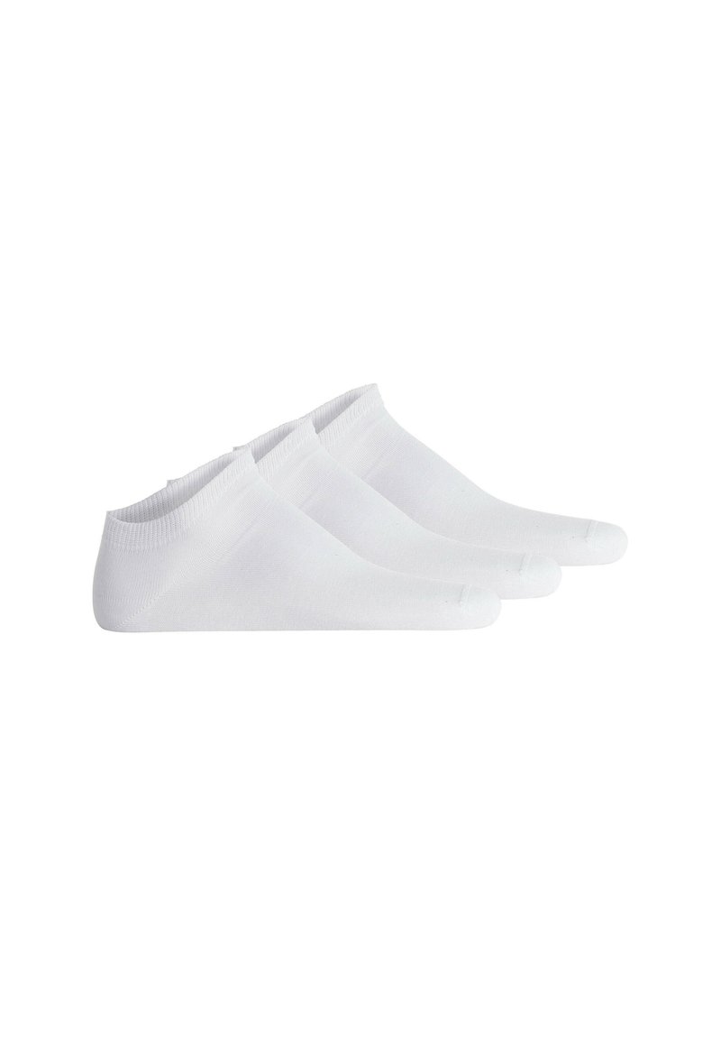 Set of three pairs of white, low-cut socks made of smooth fabric. Features a ribbed band at the top and seamless toe for comfort.