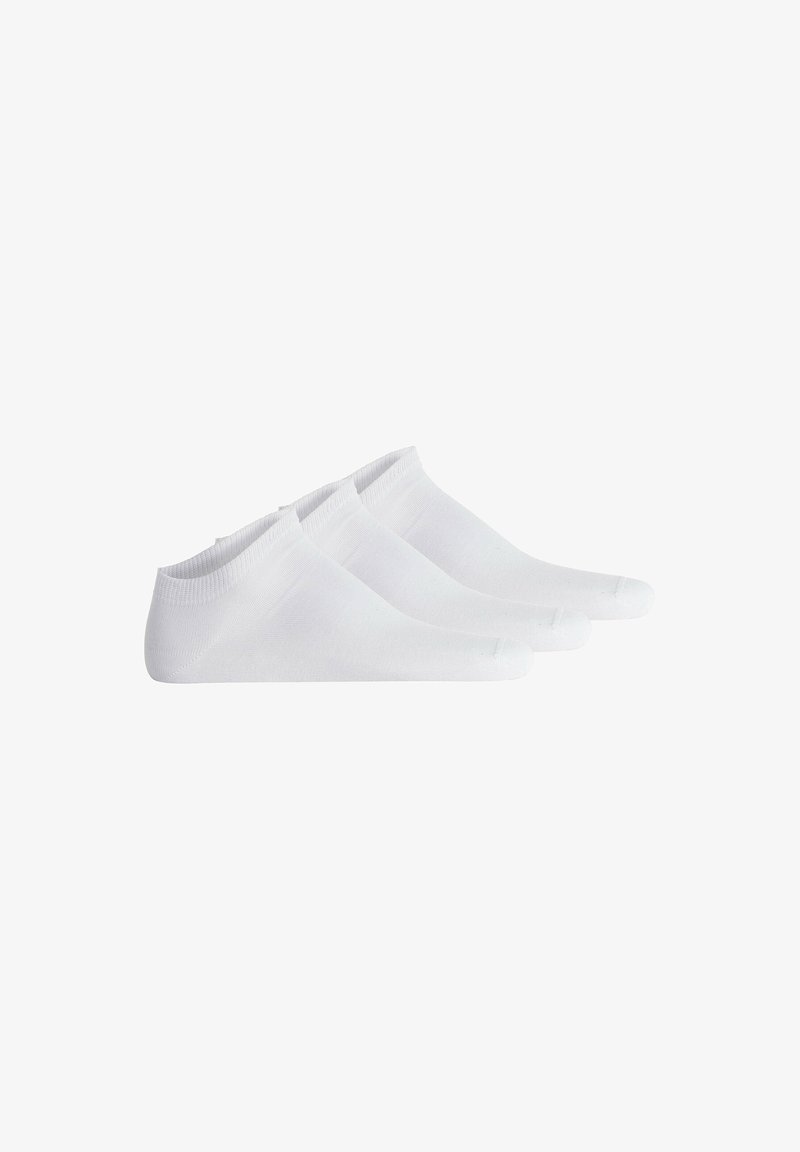 Set of three pairs of white, low-cut socks made of smooth fabric. Features a ribbed band at the top and seamless toe for comfort.