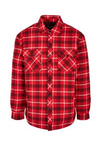 Red and black plaid flannel shirt with two chest pockets, button-up front, long sleeves, and a structured collar. Cotton blend fabric.