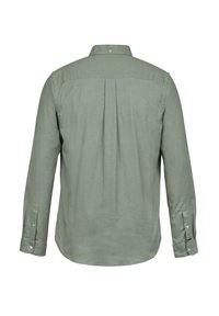 Camicia a maniche lunghe, tessuto verde chiaro, colletto button-down, piega sul retro, polsini a bottoni, orlo arrotondato, presenta un accento del logo sul lato sinistro.