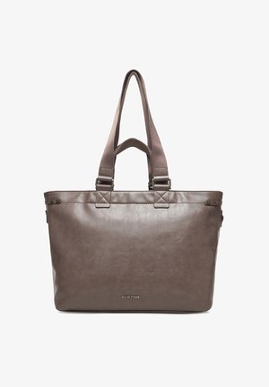 Brown leather tote bag with double fabric handles and G-STAR logo centered on the front.