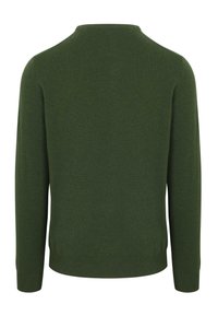 Groene gebreide trui met lange mouwen, een ronde halslijn en een gladde textuur. Heeft een effen kleur zonder zichtbare patronen of versieringen.