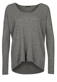 Pull gris à manches longues avec un col rond et un ourlet asymétrique. Tissu doux et texturé avec une coupe ample et des poignets de manches côtelés.