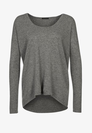 Šedý svetřík s dlouhými rukávy, kulatým výstřihem a asymetrickým lemem. Měkká, texturovaná látka s volným střihem a žebrovanými manžetami na rukávech.