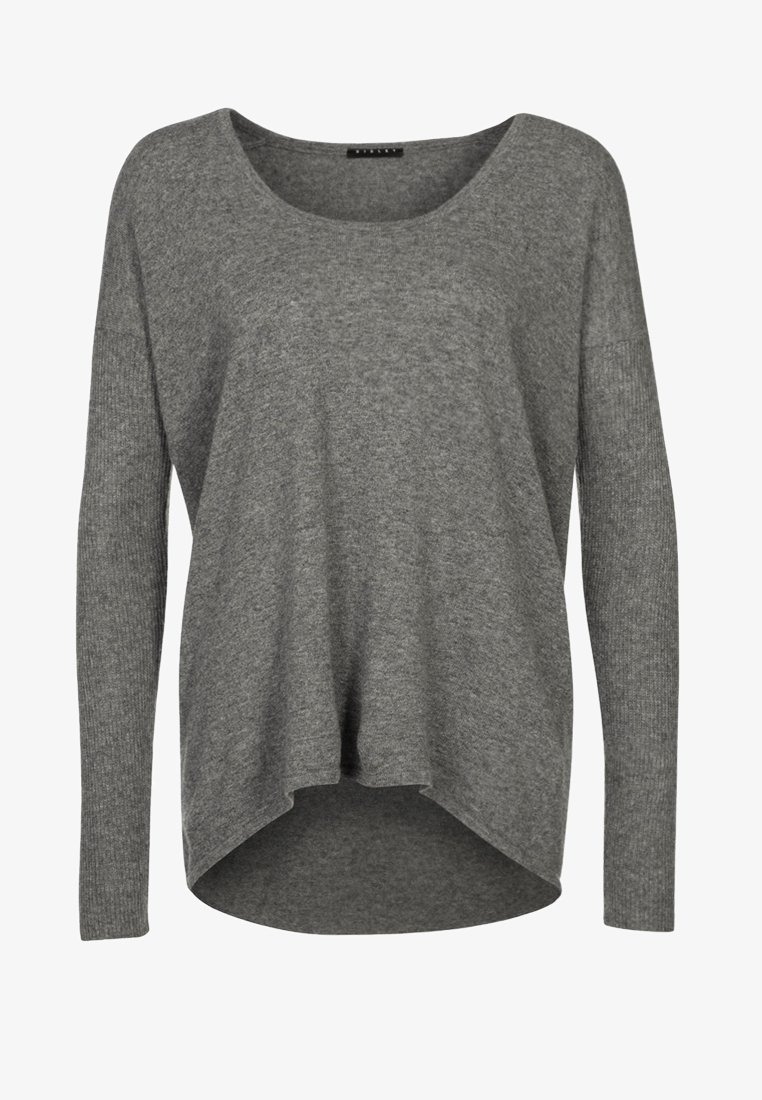 Pull gris à manches longues avec un col rond et un ourlet asymétrique. Tissu doux et texturé avec une coupe ample et des poignets de manches côtelés.