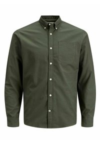 Green long-sleeve button-down shirt made of cotton. Features a classic collar, single chest pocket, and white buttons with a plain texture.