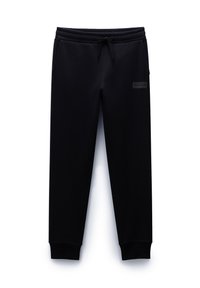Zwarte sweatpants van zachte stof, met een elastische tailleband met trekkoord, zijzakken en ribgebreide boorden.