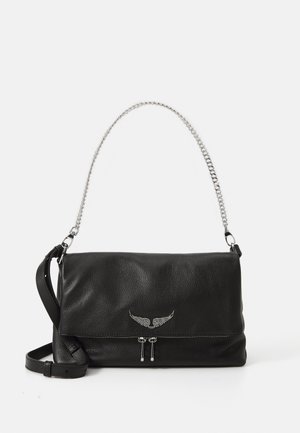 Black leather shoulder bag with a textured surface, chain strap, and silver wing emblem. Features a zip pocket at the front.