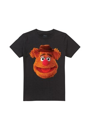 Black T-shirt with a large colorful graphic of a fuzzy orange puppet face wearing a brown hat and smiling.