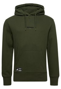 Olivgrön huvtröja i bomull med framficka, justerbar huva och broderad "SUPERDRY"-logotyp på bröstet.