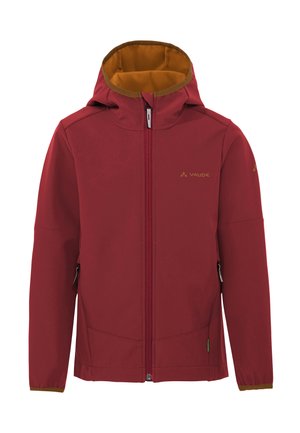 Giacca rossa con cappuccio e zip, fodera interna marrone e polsini, maniche lunghe, tasche laterali e piccoli loghi Vaude sul petto e sul braccio sinistro.